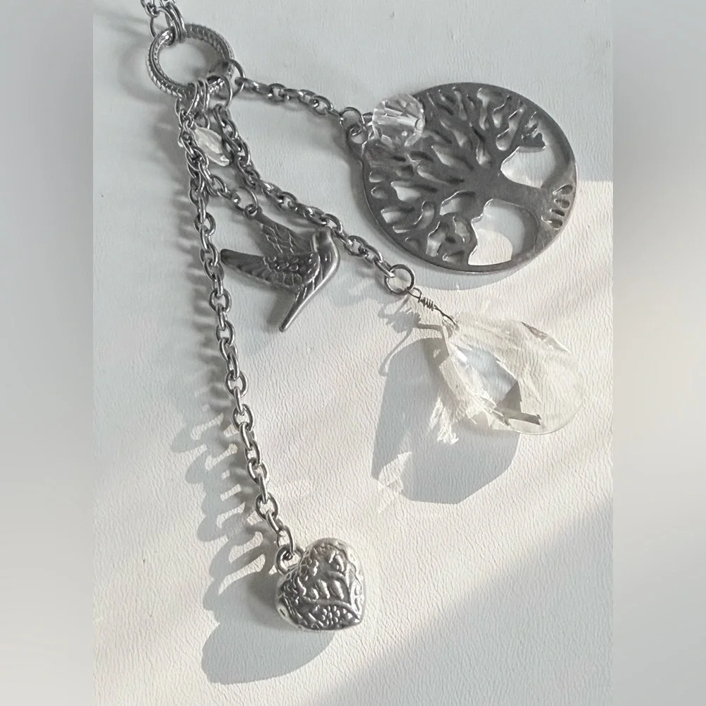 🌳 Cookie Lee Silver Charm Necklace w/Heart Dove Crystal Accents & Tree of Life - Picture 10 of 11
